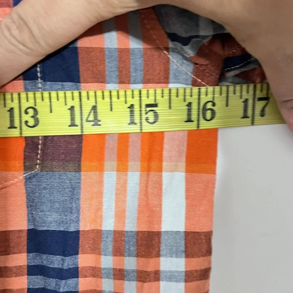 Old Navy Boys Shirt Size L (10/12) Orange Plaid Classic Short Sleeve Button Up